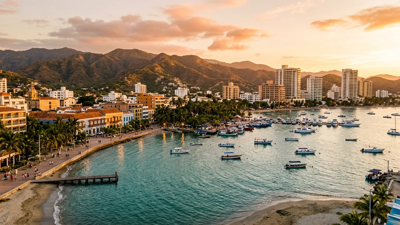 Santa Marta waterfront at golden hour - the Caribbean coast home of Maia Management, where Vert is built and operated